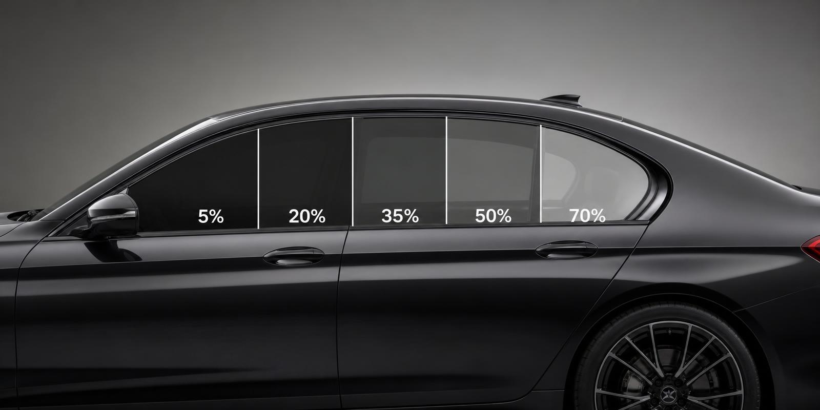 Side-by-side window tint shade comparison showing 5%, 20%, 35%, 50%, and 70% on a vehicle